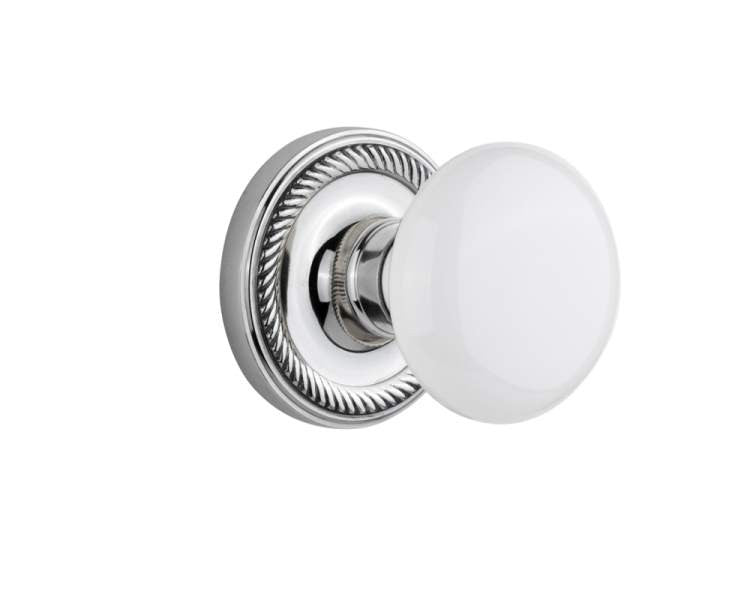 Nostalgic 702157: Rope Rosette w/White Porcelain Knob Passage Door Set - Bright Chrome