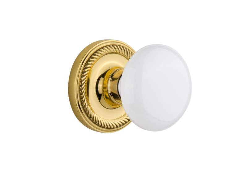 Nostalgic 702153: Rope Rosette w/White Porcelain Knob Passage Door Set - Polished Brass