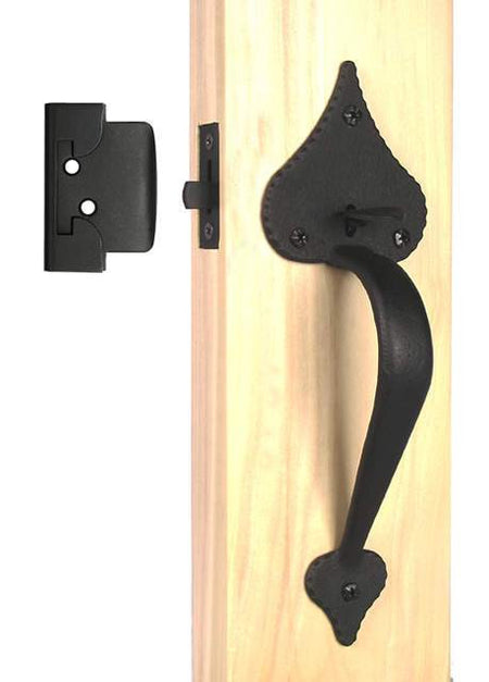 Acorn RUQBI: 11" Heart Double Handle Heart Drop Latch With Deadbolt - Black Rough Iron