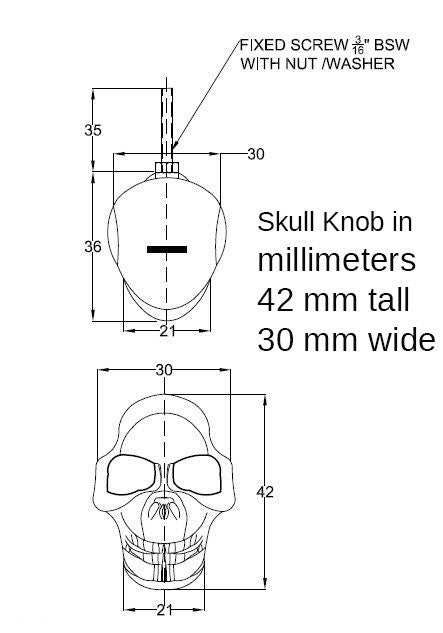 Richelieu BP4457424090:  Eclectic Skull Cabinet Knob spec drawing with dimensions