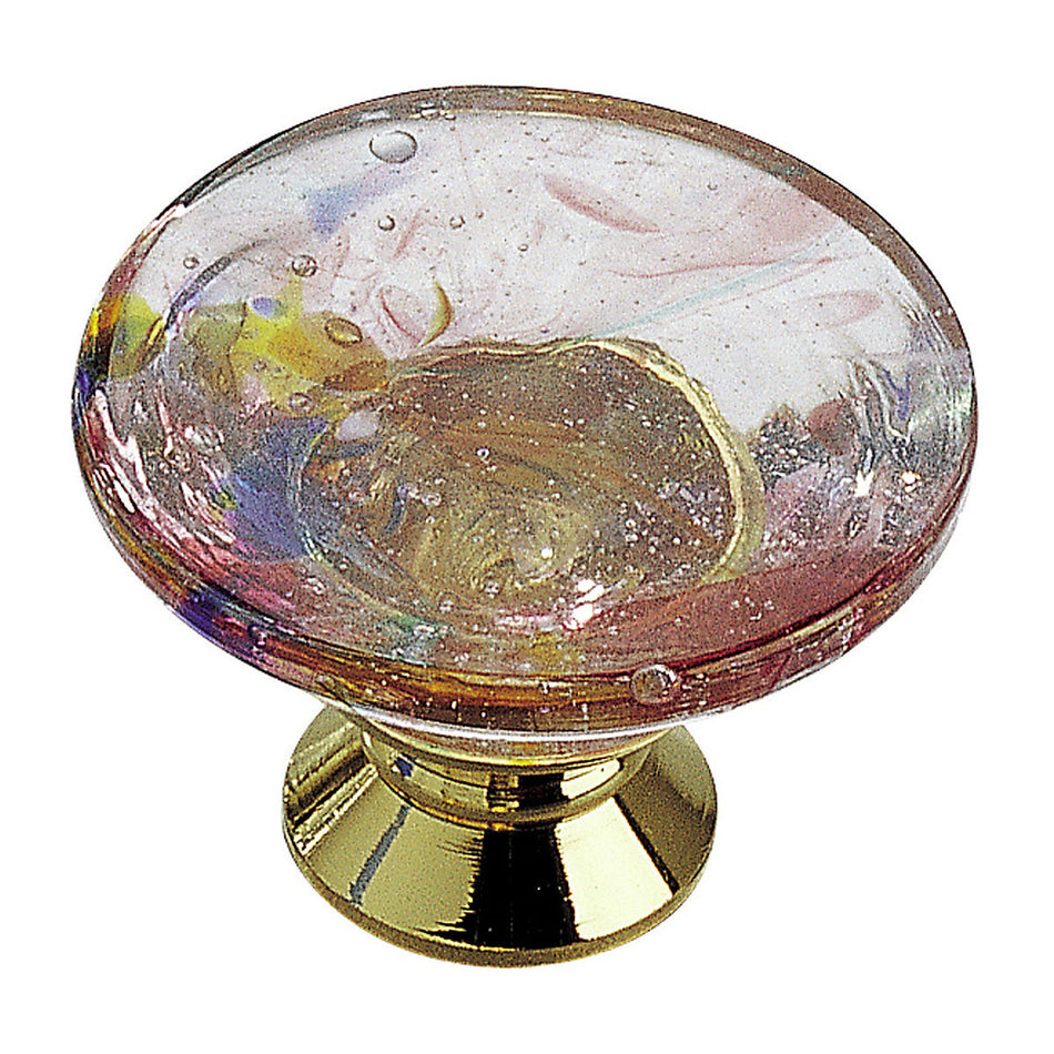 Richelieu 183013021: 1-3/16" Eclectic Murano Glass Cabinet Knob - Polished Brass/Harlequin Pink