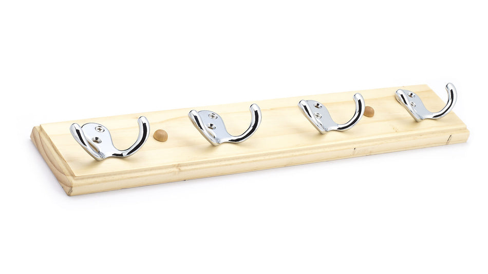 Richelieu 36408: 16-1/2" Utility 4-Hook Wall Rack - Polished Chrome/Maple