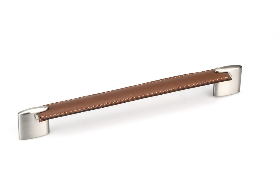 Richelieu 74520422419545: 224mm cc Contemporary Cabinet Pull - Brushed Nickel/Brown Leather