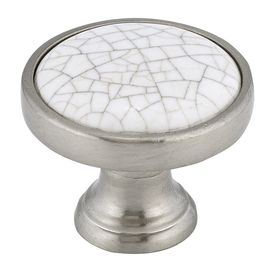Richelieu BP4418195304: 1-1/4" Cherbourg Ceramic Cabinet Knob - Brushed Nickel/White Crackle