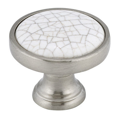 Richelieu BP4418195304: 1-1/4" Cherbourg Ceramic Cabinet Knob - Brushed Nickel/White Crackle