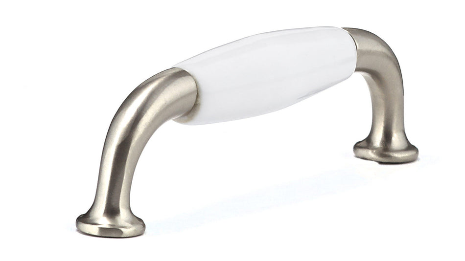 Richelieu BP970019530: 96mm cc Cherbourg Ceramic D-Handle Cabinet Pull - Brushed Nickel/White