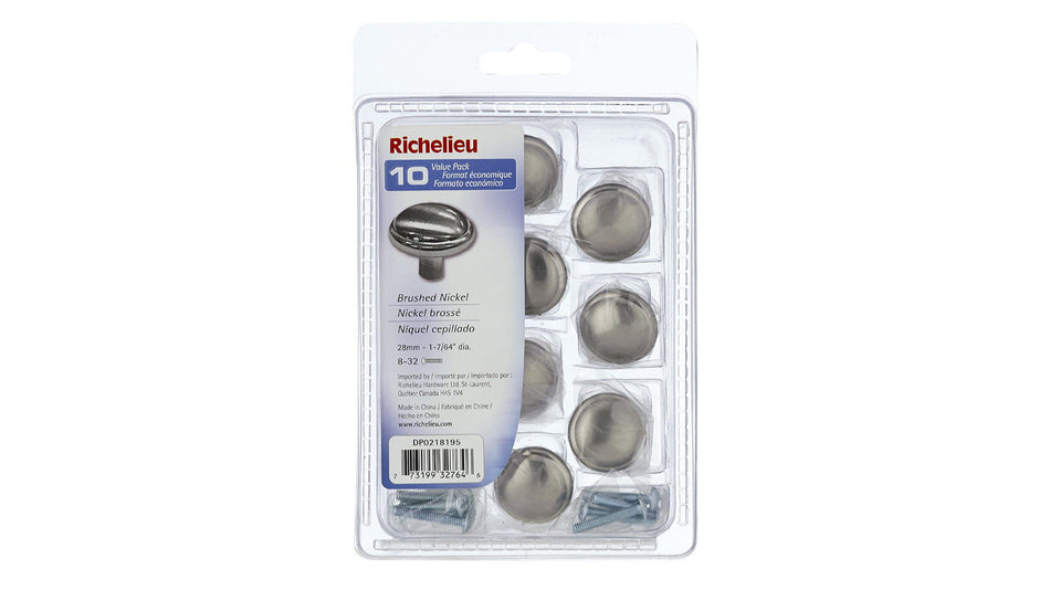 Richelieu DP0218195: 28mm Marseille Cabinet Knob (10-pack) - Brushed Nickel
