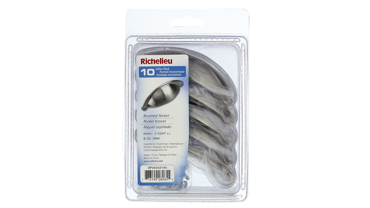 Richelieu DP30342195: 64mm cc Sorbonne Cup Cabinet Pull (10-pack) - Brushed Nickel