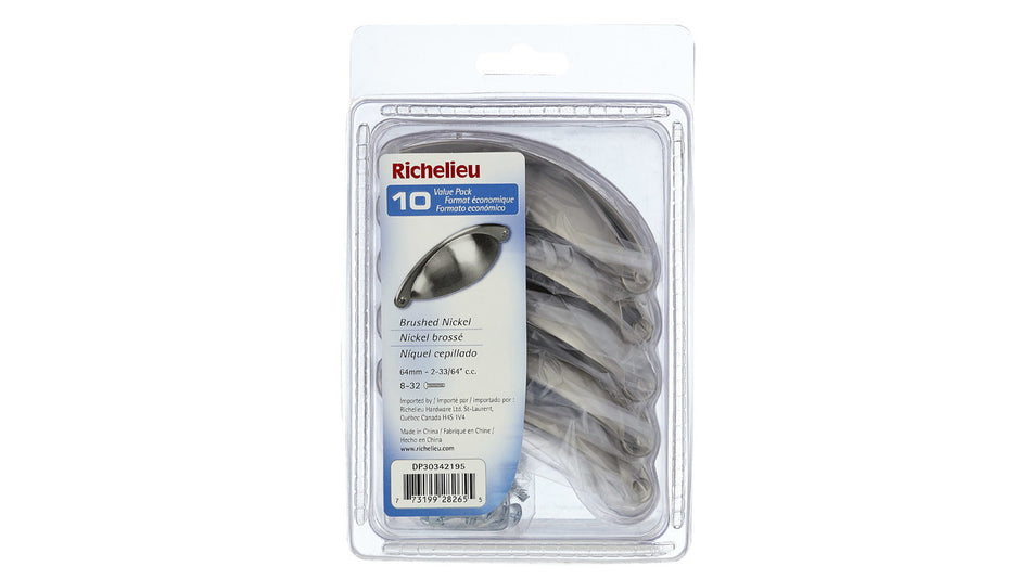 Richelieu DP30342195: 64mm cc Sorbonne Cup Cabinet Pull (10-pack) - Brushed Nickel