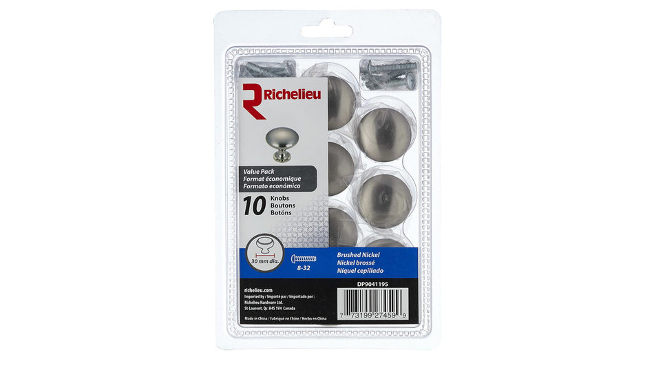 Richelieu DP9041195: 30mm Rosedale Cabinet Knob (10-pack) - Brushed Nickel