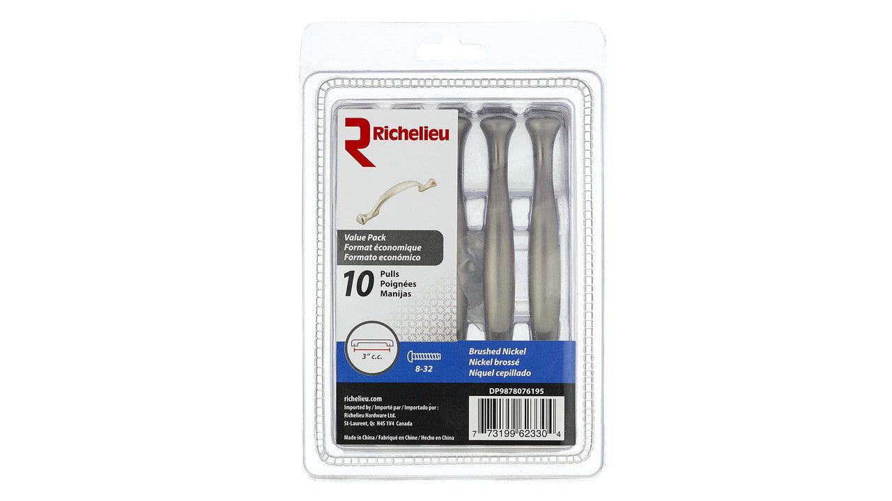 Richelieu DP9878076195: 3" cc Drummondville Cabinet Pull (10-pack) - Brushed Nickel
