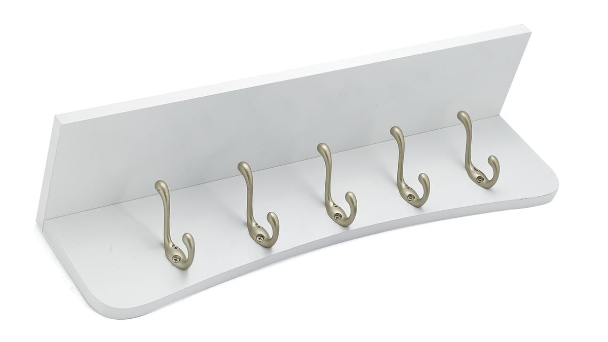 Richelieu T37321184: 23-5/8" Utility 5-Hook Wall Rack w/Shelf - Matte Nickel/White