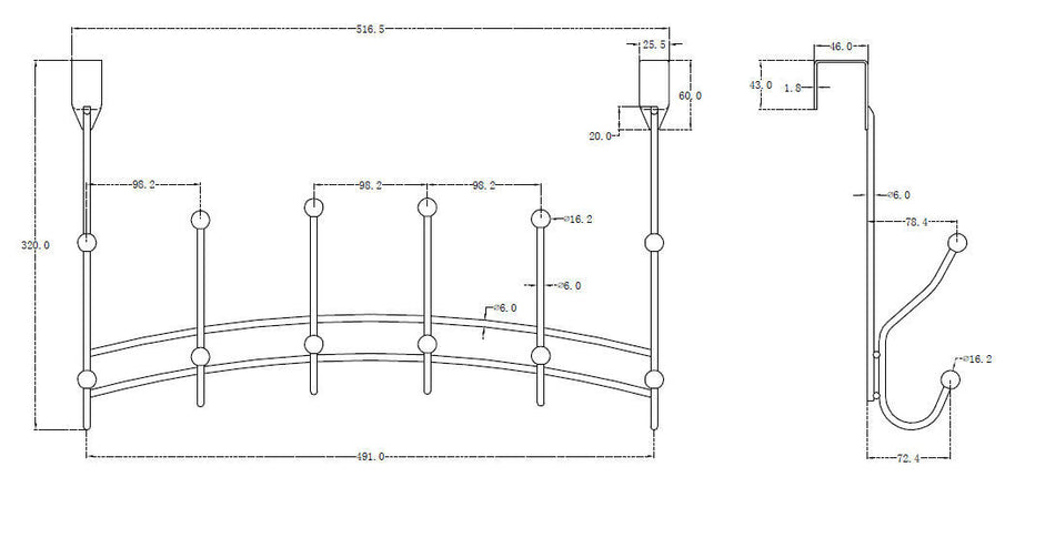Richelieu T72621184: 20-3/8" Utility 6-Hook Over The Door Rack - Pewter
