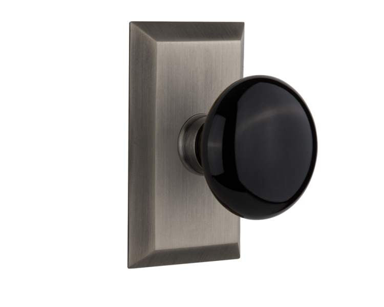 Nostalgic 713380: Studio Backplate w/Black Porcelain Knob Privacy Door Set - Antique Pewter