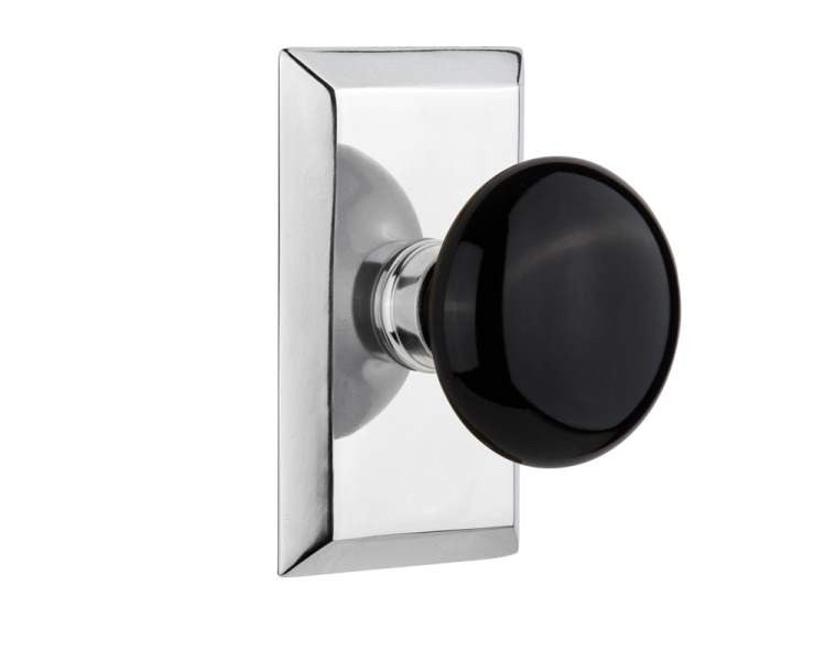 Nostalgic 713477: Studio Backplate w/Black Porcelain Knob Single Dummy Door Set - Bright Chrome