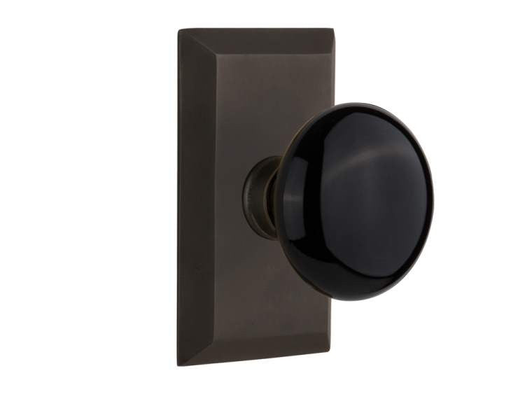 Nostalgic 713286: Studio Backplate w/Black Porcelain Knob Passage Door Set - Oil-Rubbed Bronze