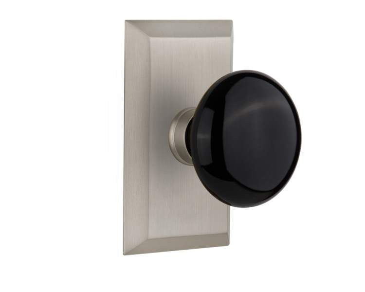 Nostalgic 713480: Studio Backplate w/Black Porcelain Knob Single Dummy Door Set - Satin Nickel