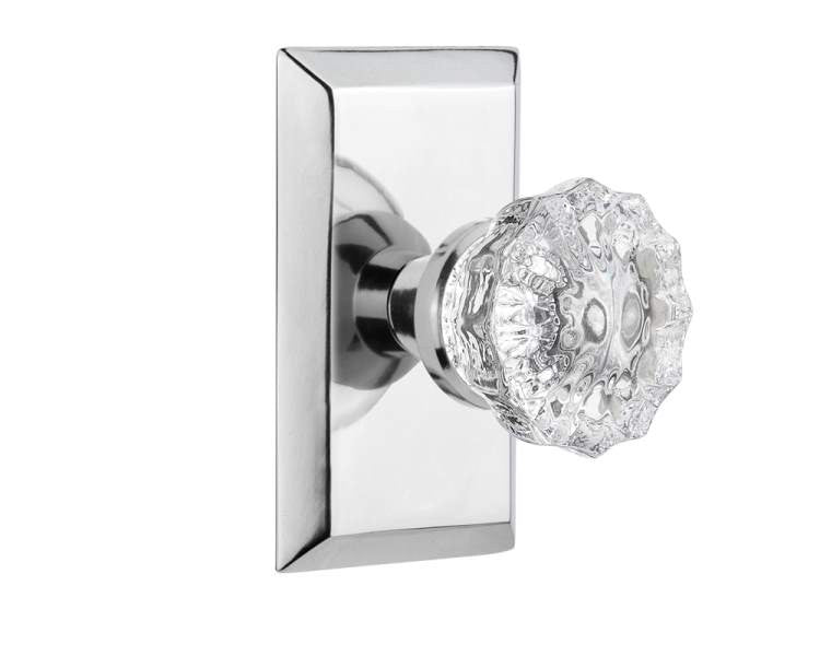 Nostalgic 713402: Studio Backplate w/Clear Crystal Glass Knob Single Dummy Door Set - Bright Chrome