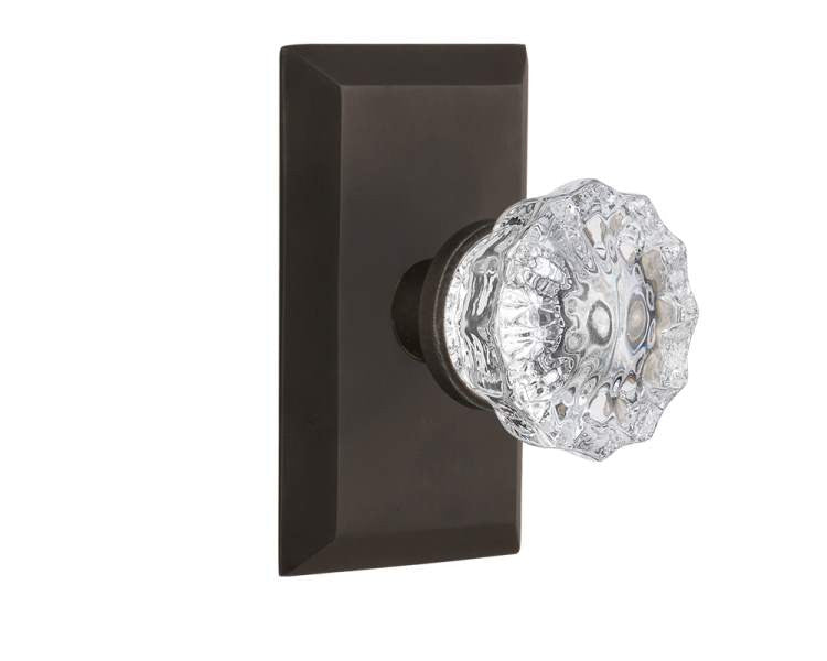 Nostalgic 713403: Studio Backplate w/Clear Crystal Glass Knob Single Dummy Door Set - Oil-Rubbed Bronze