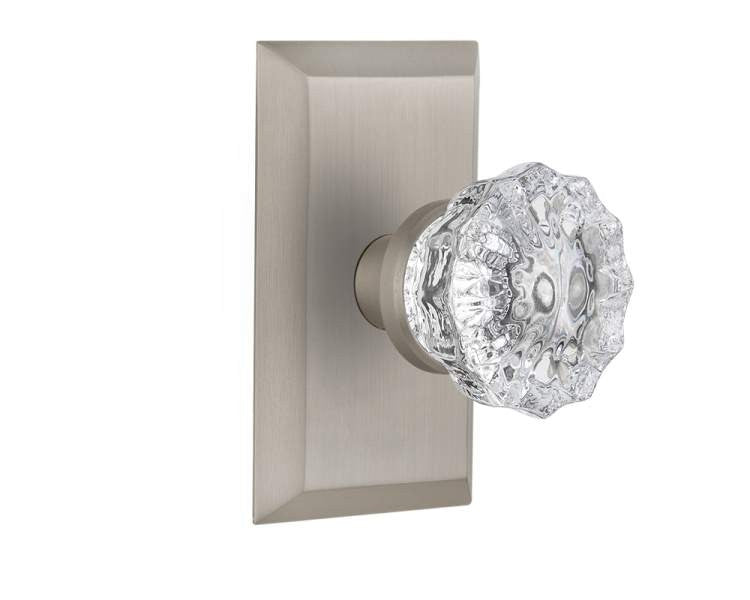 Nostalgic 713405: Studio Backplate w/Clear Crystal Glass Knob Single Dummy Door Set - Satin Nickel