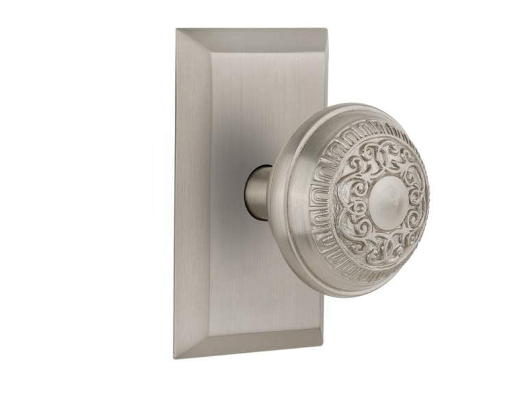 Nostalgic 713411: Studio Backplate w/Egg & Dart Knob Single Dummy Door Set - Satin Nickel