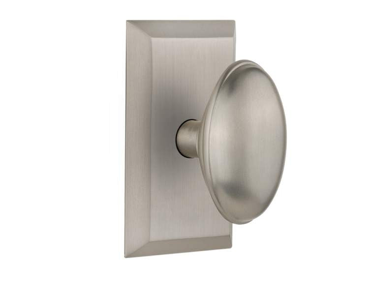 Nostalgic 713419: Studio Backplate w/Homestead Knob Single Dummy Door Set - Satin Nickel