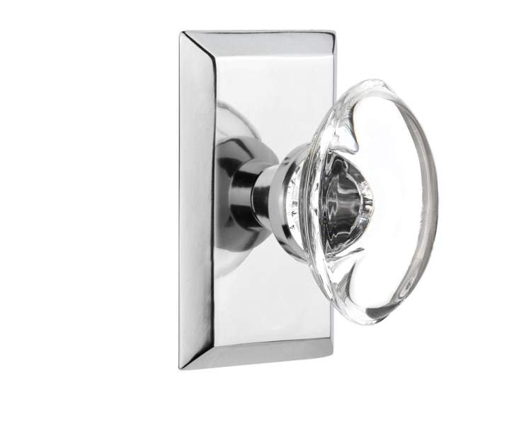 Nostalgic 713436: Studio Backplate w/Oval Clear Glass Crystal Knob Single Dummy Door Set - Bright Chrome