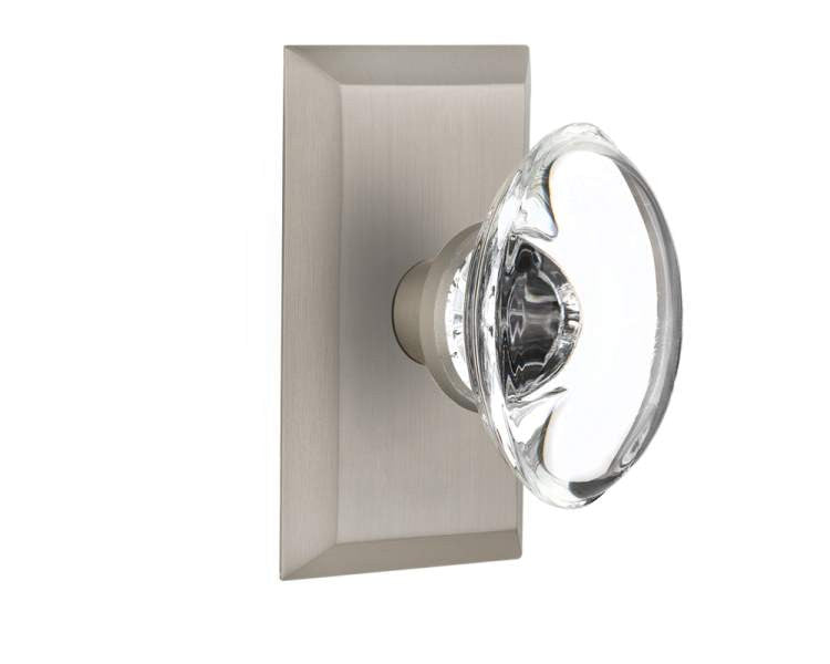 Nostalgic 713343: Studio Backplate w/Oval Clear Glass Crystal Knob Privacy Door Set - Satin Nickel