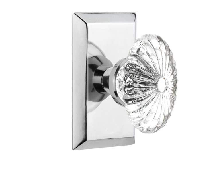 Nostalgic 713443: Studio Backplate w/Oval Fluted Clear Glass Crystal Knob Single Dummy Door Set - Bright Chrome