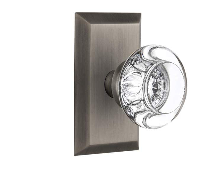 Nostalgic 713449: Studio Backplate w/Round Clear Glass Crystal Knob Single Dummy Door Set - Antique Pewter