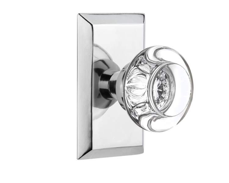 Nostalgic 713450: Studio Backplate w/Round Clear Glass Crystal Knob Single Dummy Door Set - Bright Chrome