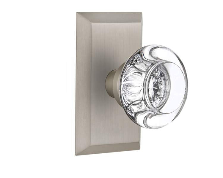 Nostalgic 713357: Studio Backplate w/Round Clear Glass Crystal Knob Privacy Door Set - Satin Nickel