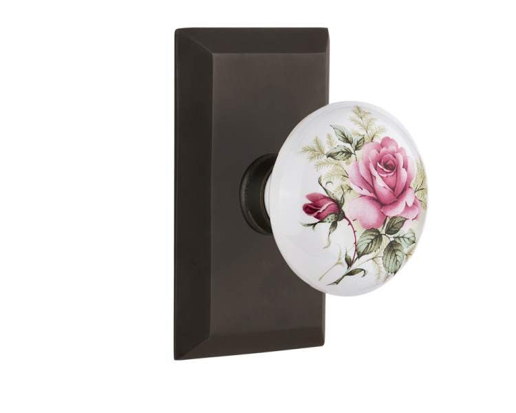 Nostalgic 713266: Studio Backplate w/White Rose Porcelain Knob Passage Door Set - Oil-Rubbed Bronze