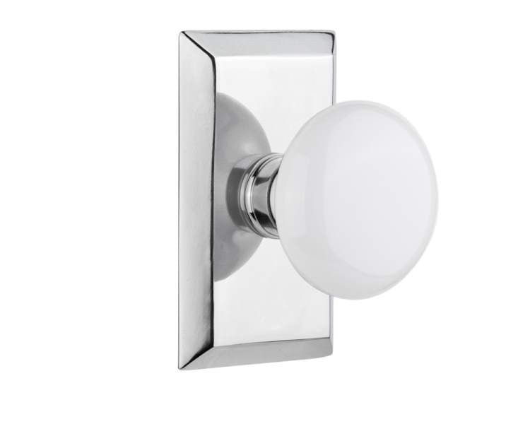 Nostalgic 713491: Studio Backplate w/White Porcelain Knob Single Dummy Door Set - Bright Chrome