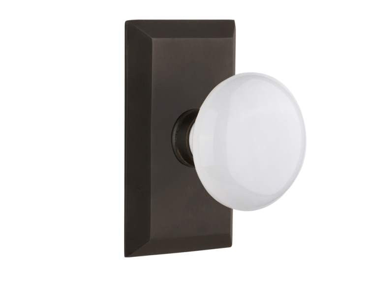 Nostalgic 713492: Studio Backplate w/White Porcelain Knob Single Dummy Door Set - Oil-Rubbed Bronze