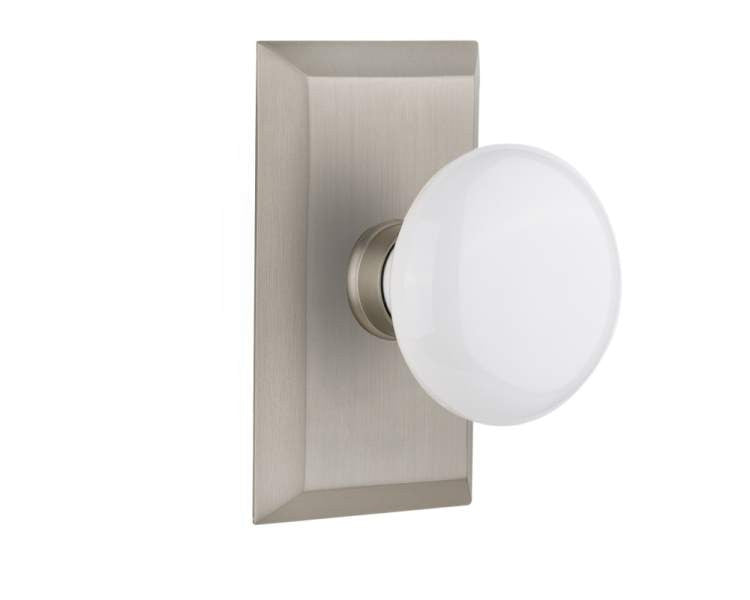 Nostalgic 713494: Studio Backplate w/White Porcelain Knob Single Dummy Door Set - Satin Nickel