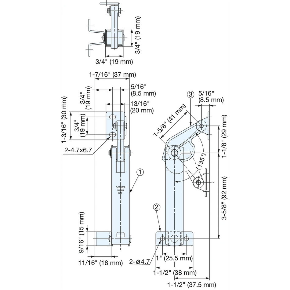 Sugatsune S-YT02R: Spring Loaded Lid Stay (right) - Plain Stainless Steel