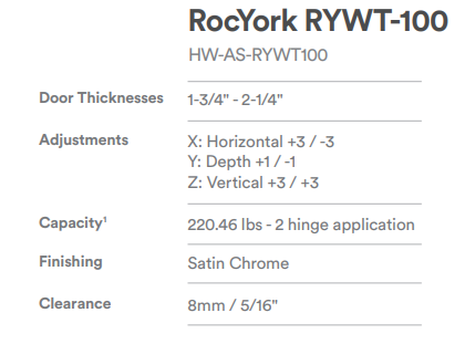 RocYork RYWT-100SC: Wide-Throw Concealed Hinge - Satin Chrome
