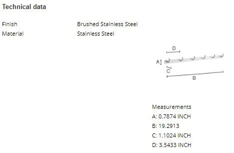 Smedbo Beslagsboden B1055 six hook wall rack spec drawing