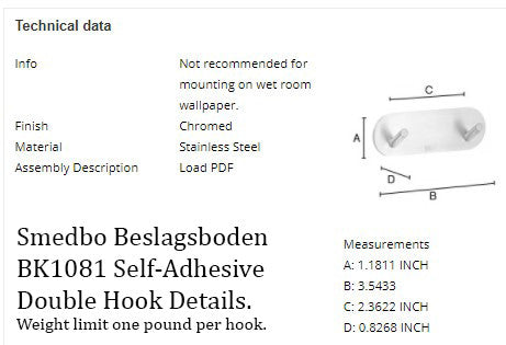 Smedbo Beslagsboden self-adhesive double hook specifications