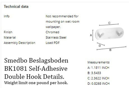 Smedbo Beslagsboden self-adhesive double hook specifications