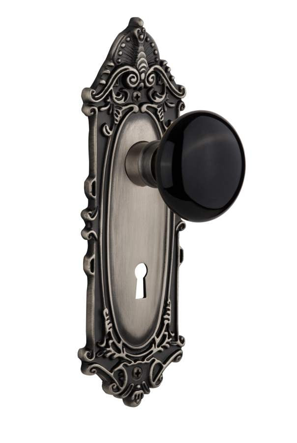 Nostalgic 710434: Mortise Victorian Plate Black Porcelain Knob - Antique Pewter