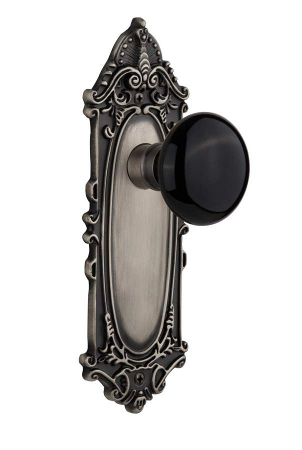 Nostalgic 710132: Victorian Backplate w/Black Porcelain Knob Single Dummy Door Set - Antique Pewter