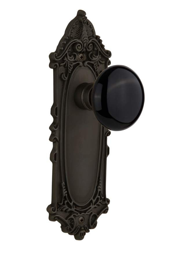 Nostalgic 710326: Victorian Backplate w/Black Porcelain Knob Privacy Door Set - Oil-Rubbed Bronze