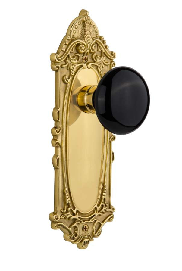 Nostalgic 702937: Victorian Backplate w/Black Porcelain Knob Single Dummy Door Set - Unlacquered Brass