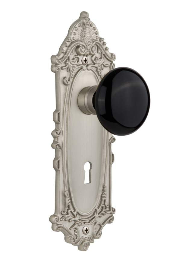Nostalgic 710382: Victorian Backplate w/Black Porcelain Knob Privacy Door Set - Satin Nickel