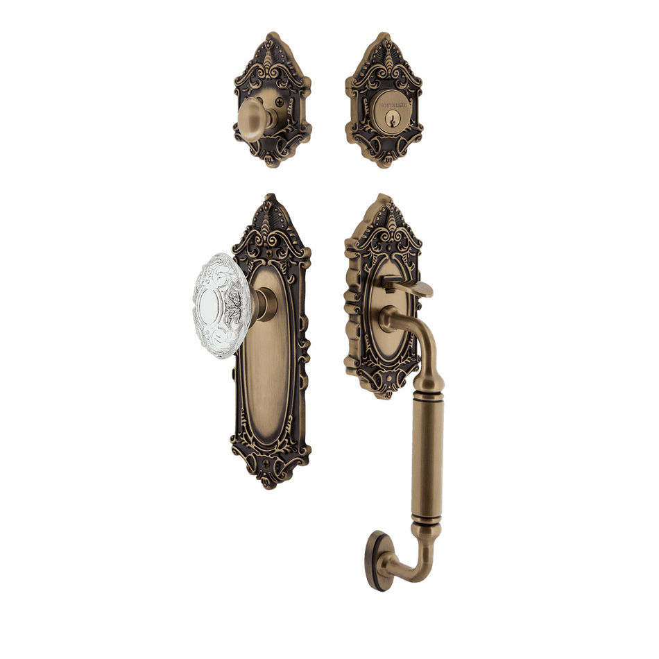 Nostalgic 756028: Entry Lockset w/Victorian Backplate, C-Grip Exterior Handle and Victorian Crystal Knob - Antique Brass