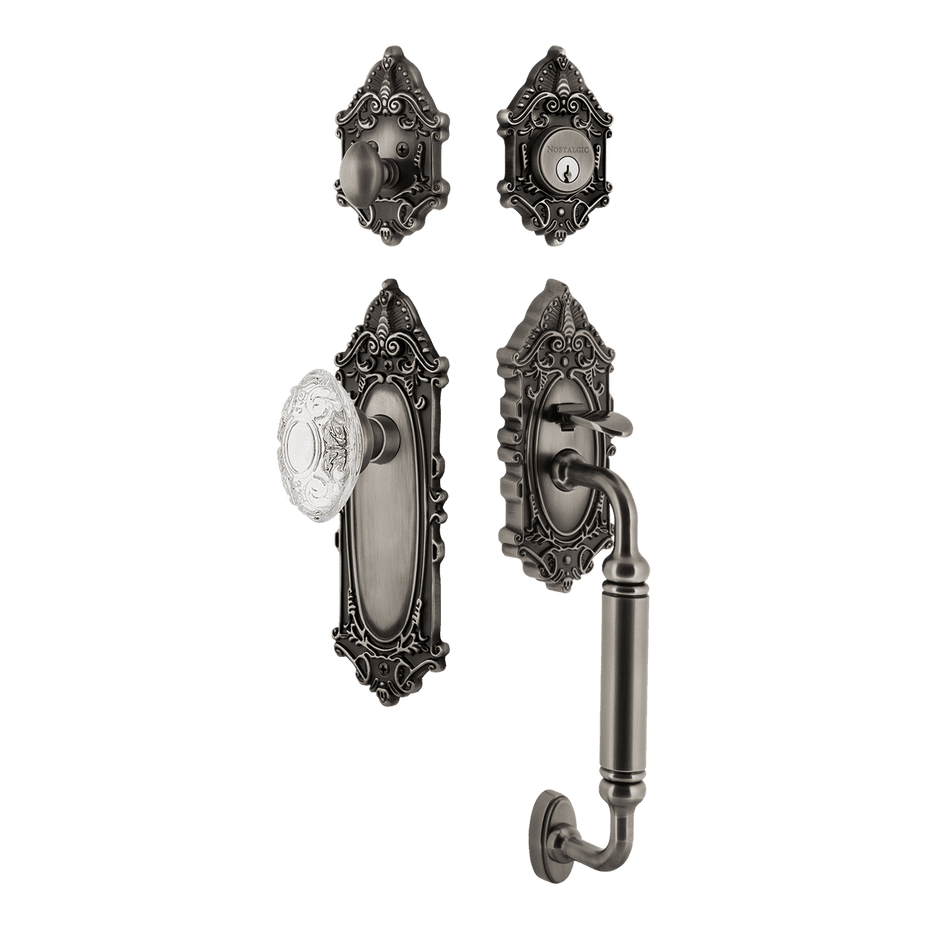 Nostalgic 756040: Entry Lockset w/Victorian Backplate, C-Grip Exterior Handle and Victorian Crystal Knob - Antique Pewter