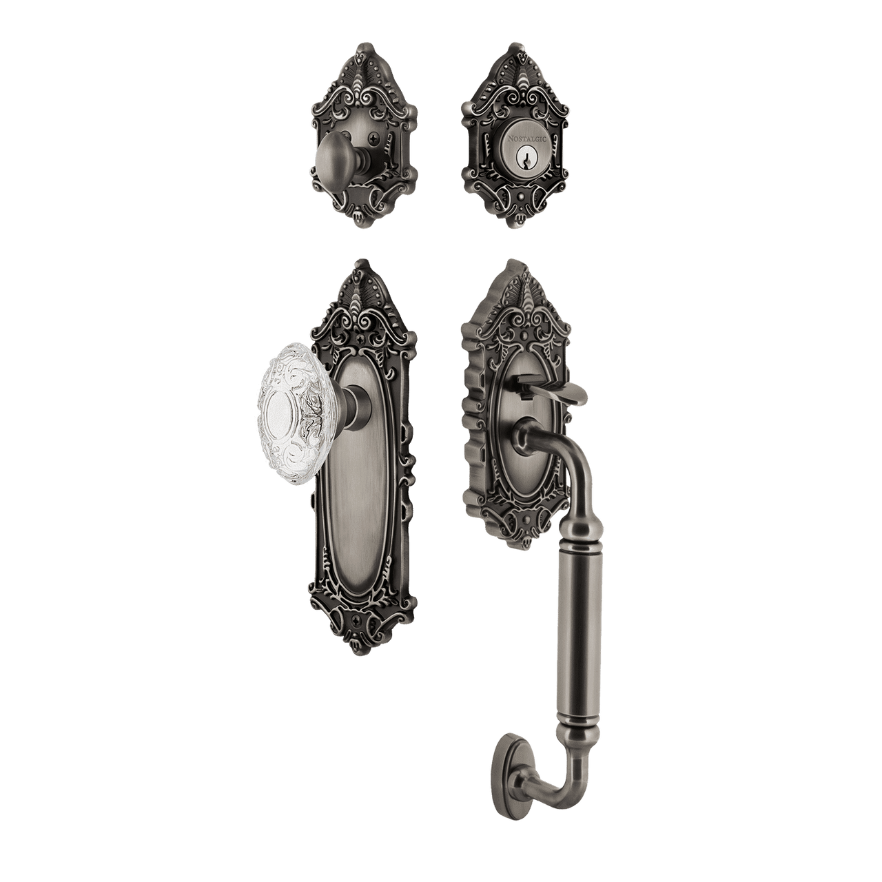 Nostalgic 756041: Entry Lockset w/Victorian Backplate, C-Grip Exterior Handle and Victorian Crystal Knob - Antique Pewter