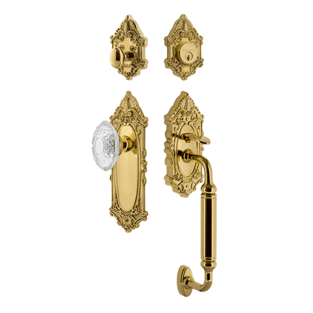Nostalgic 756053: Entry Lockset w/Victorian Backplate, C-Grip Exterior Handle and Victorian Crystal Knob - Polished Brass
